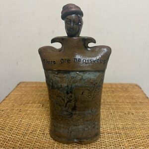 Vintage Ceramic Face Square Jug Folk  Art Pottery Floral Artist Signed Airia #3